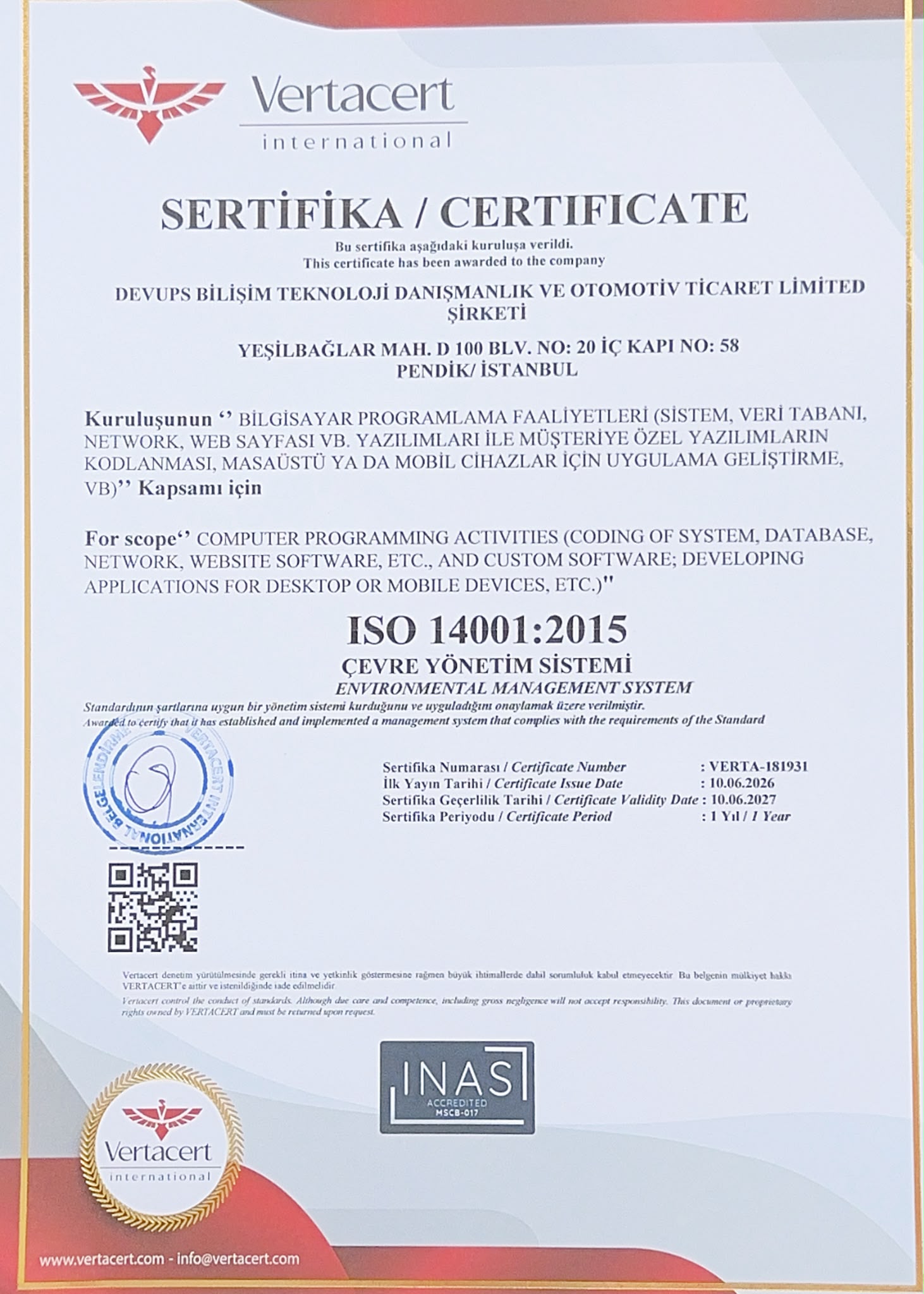 ISO 14001:2015 - Çevre Yönetim Sistemi Sertifikası
