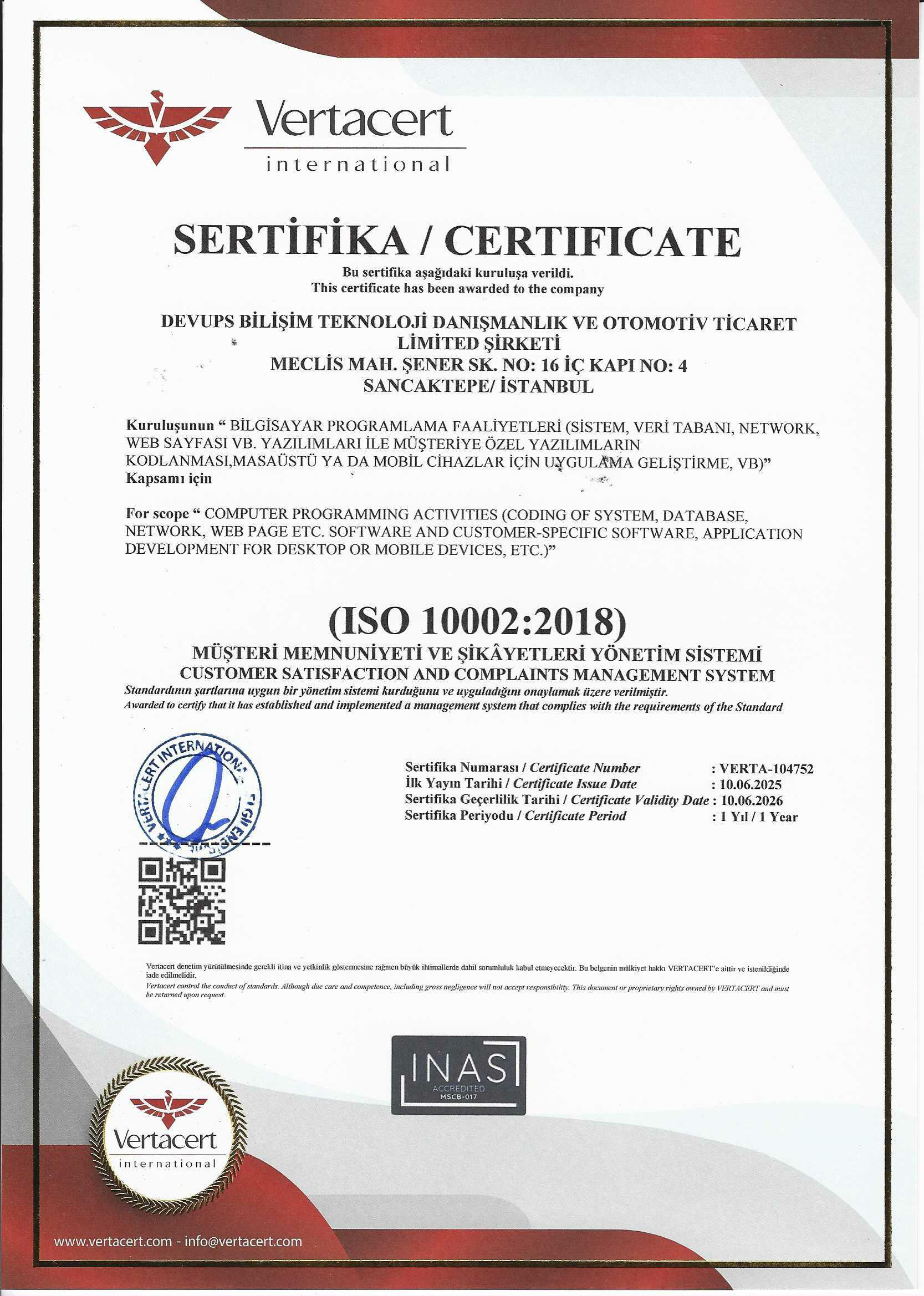 ISO 10002:2018 - Müşteri Memnuniyeti ve Şikayetleri Yönetim Sistemi Sertifikası
