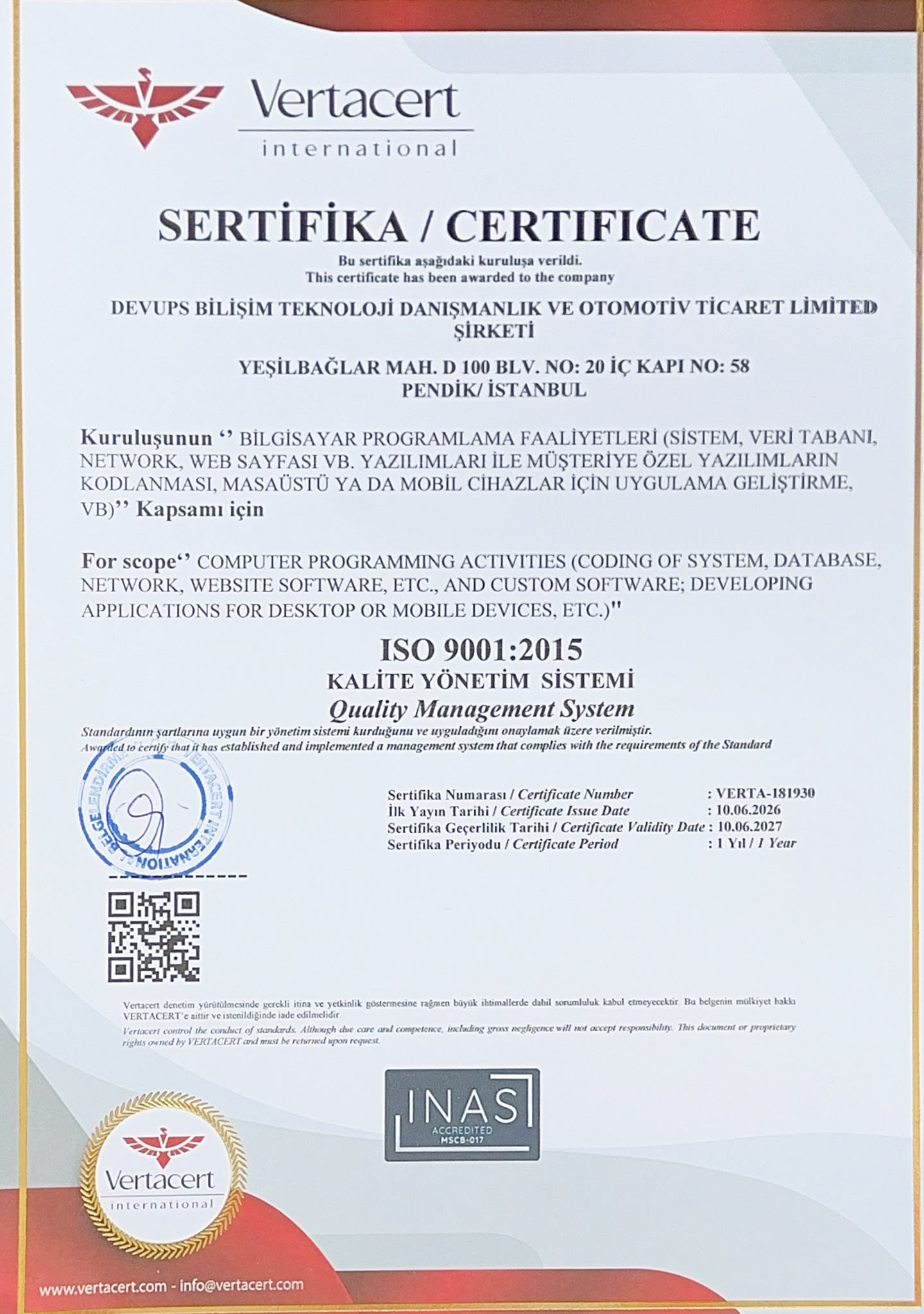 ISO 9001:2015 - Kalite Yönetim Sistemi Sertifikası