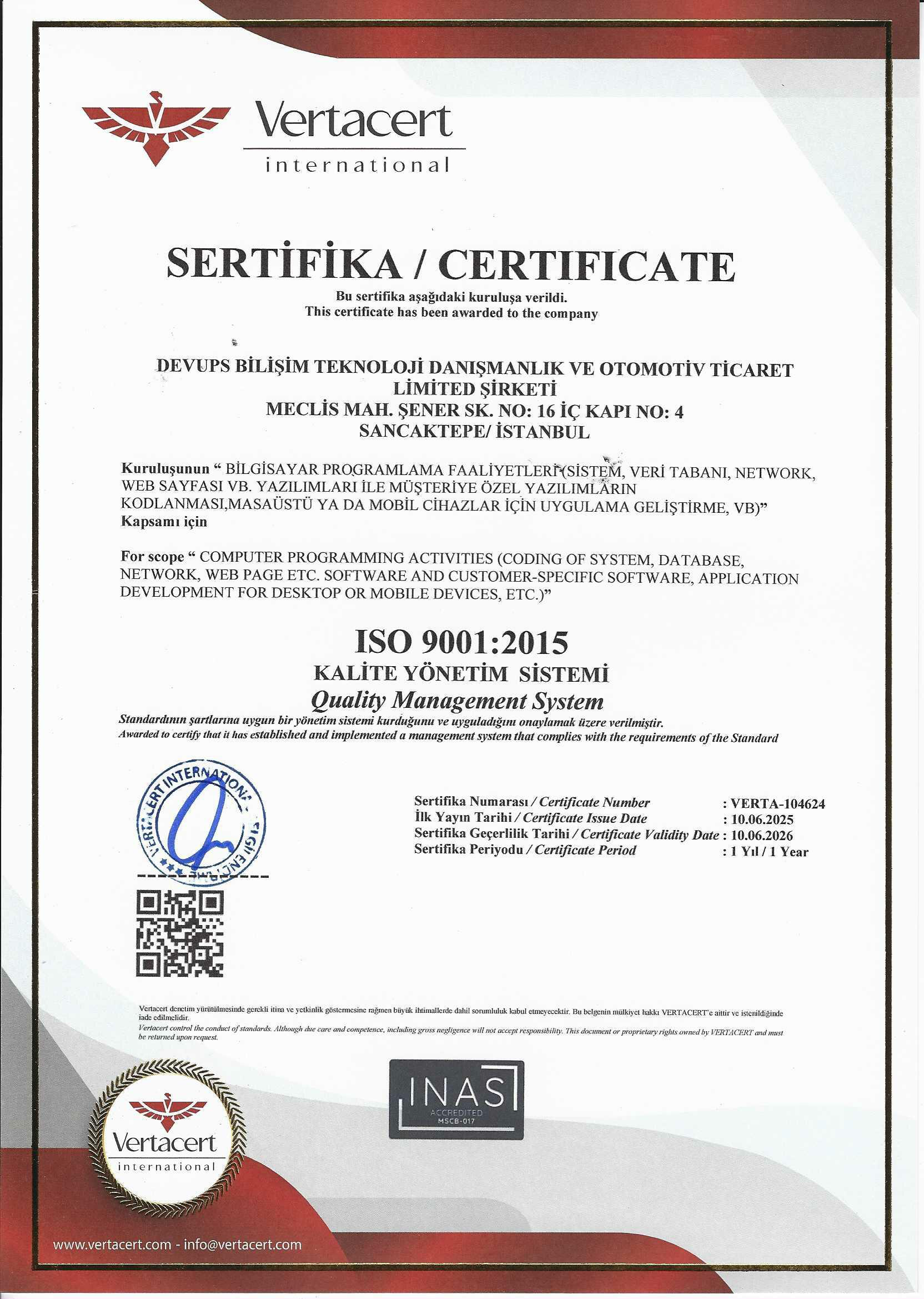 ISO 9001:2015 - Kalite Yönetim Sistemi Sertifikası