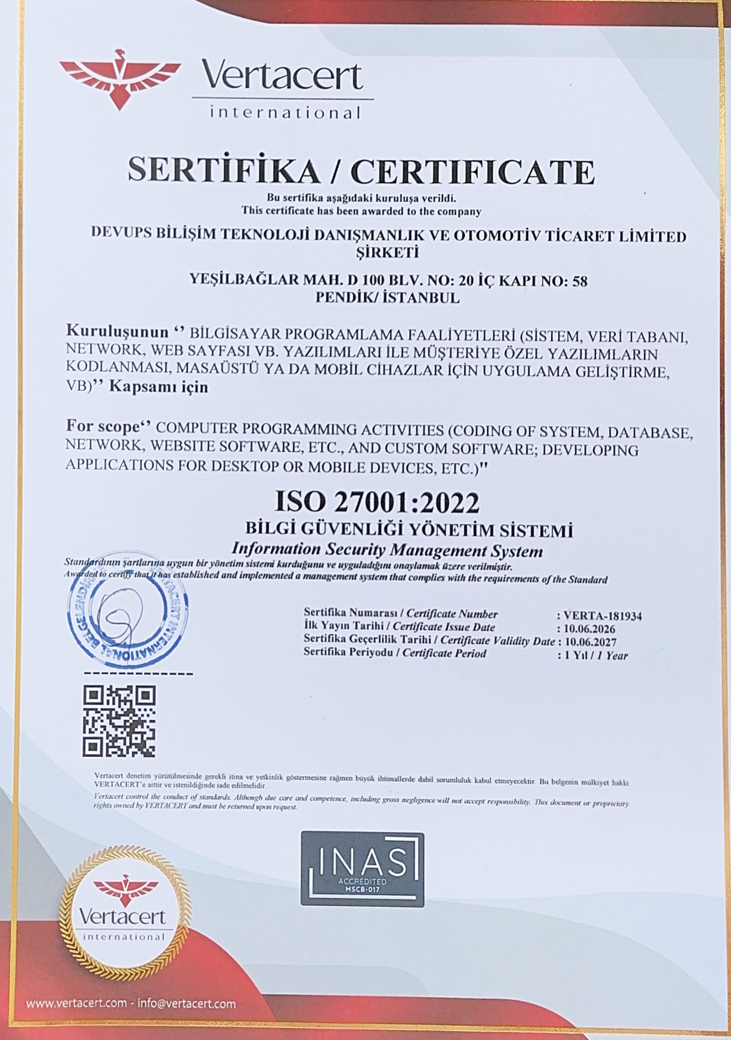 ISO/IEC 27001:2022 - Bilgi Güvenliği Yönetim Sistemi Sertifikası